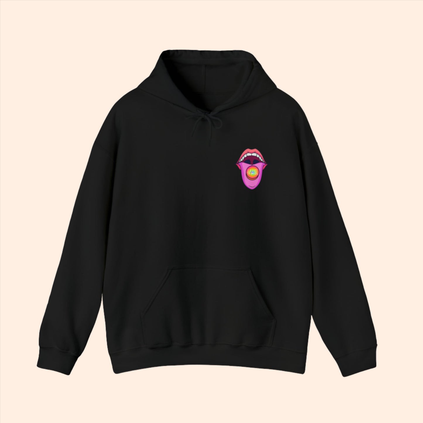 Black spiritual hoodie. Psychedelic mouth graphic with text "words are powerful so choose them wisely" placed on tongue.