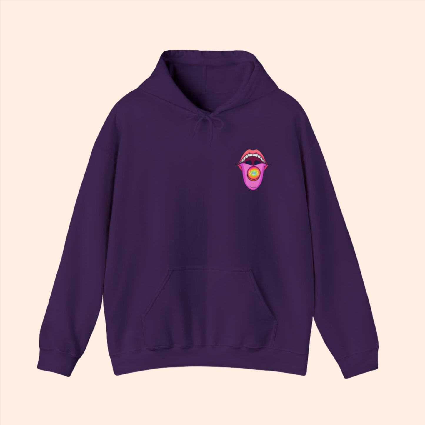Purple spiritual hoodie. Psychedelic mouth graphic with text "words are powerful so choose them wisely" placed on tongue.