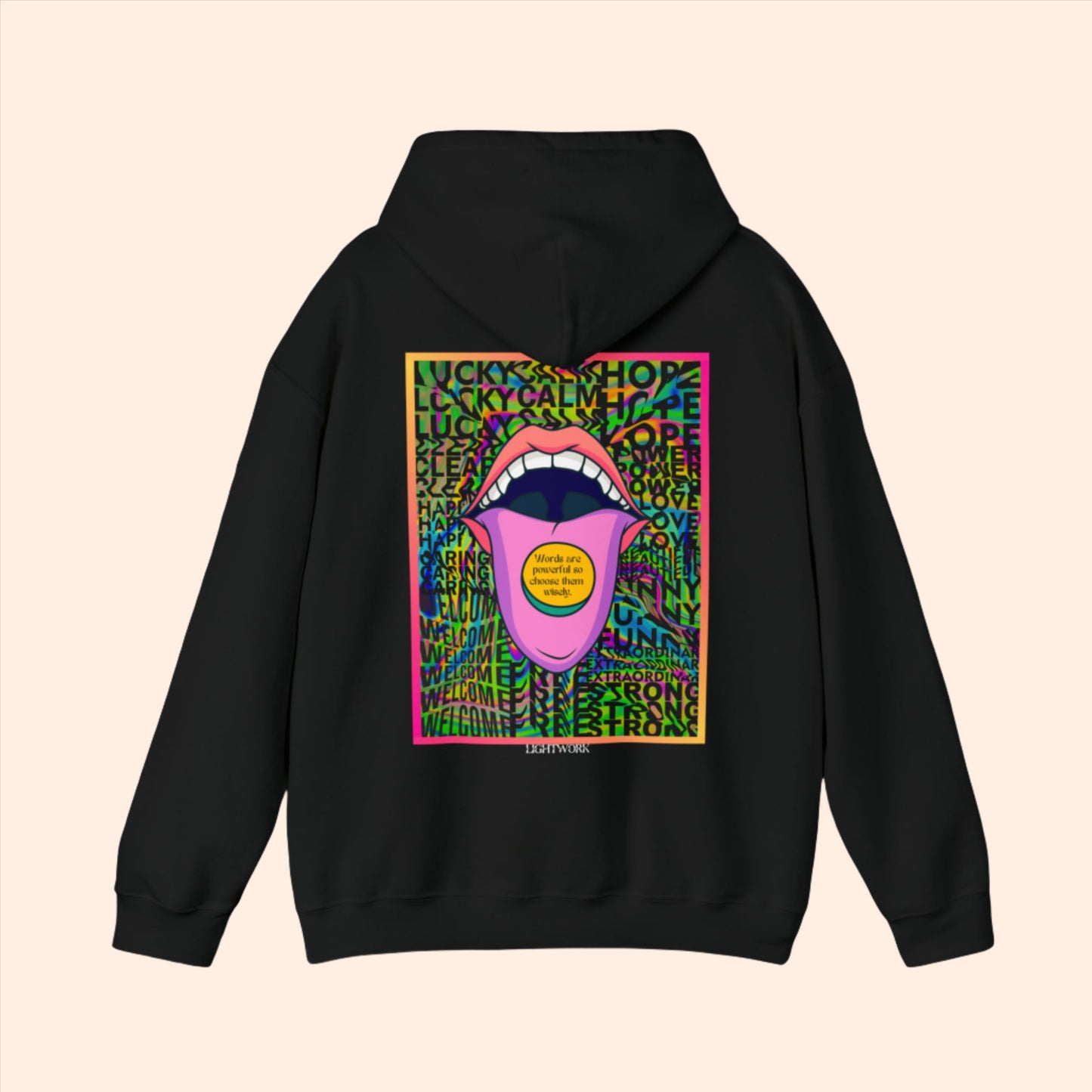 Black spiritual hoodie. Psychedelic mouth graphic with text "words are powerful so choose them wisely" placed on tongue.