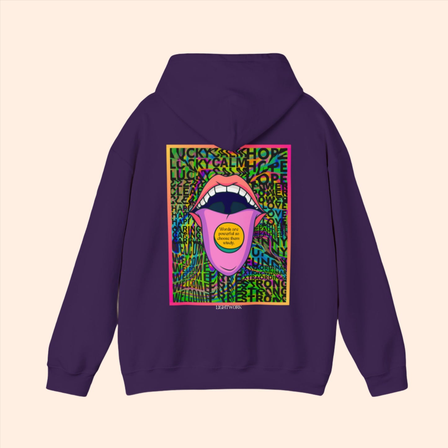 Purple spiritual hoodie. Psychedelic mouth graphic with text "words are powerful so choose them wisely" placed on tongue.