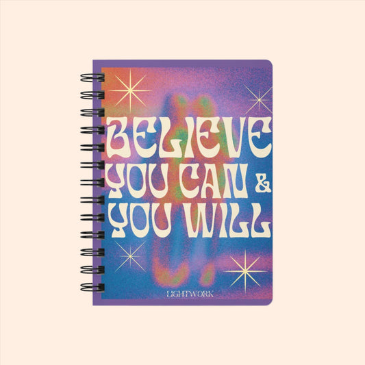 Believe Spiral Bound Journal Psychedelic "Words are powerful so choose them wisely" graphic.