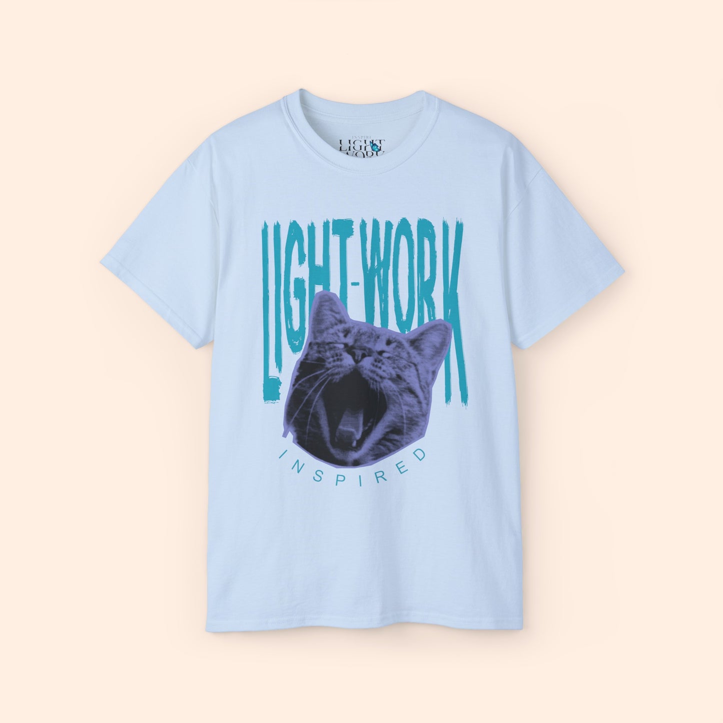 light blue t-shirt with light blue LIGHT-WORK behind a purple cat graphic.