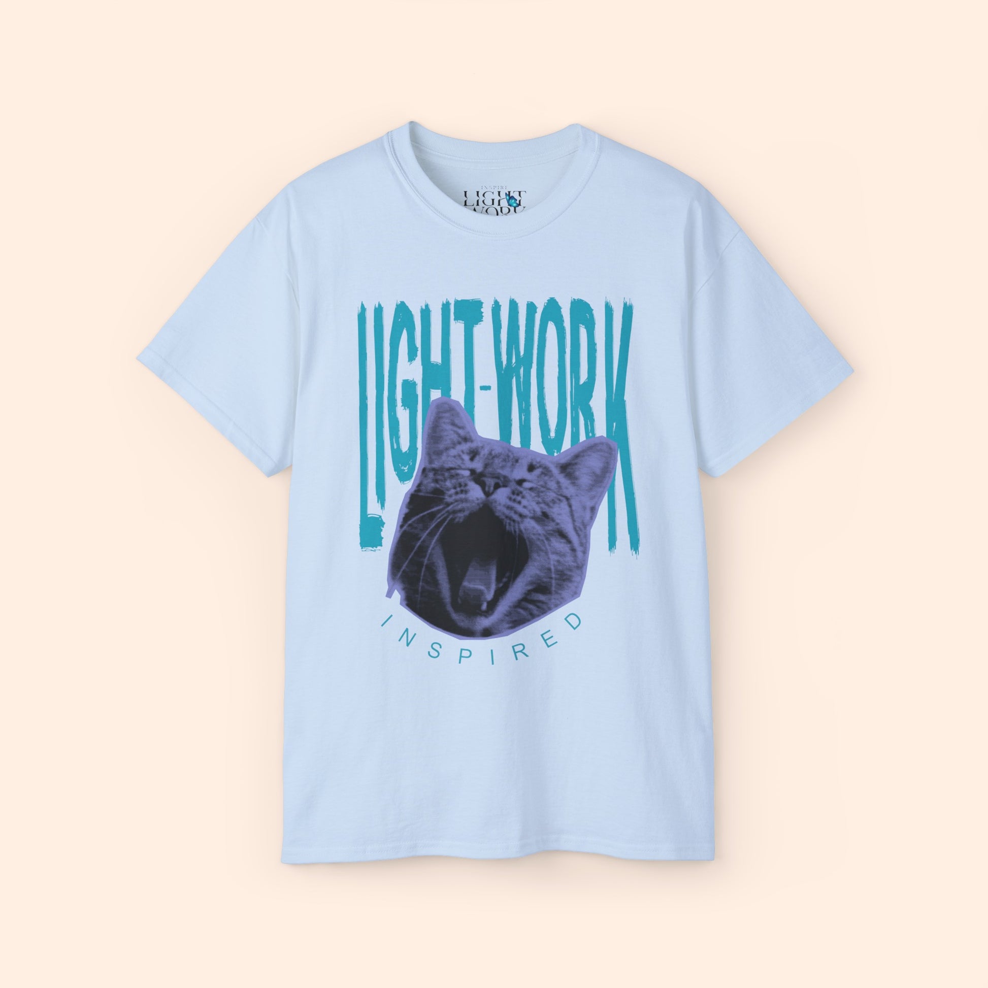 light blue t-shirt with light blue LIGHT-WORK behind a purple cat graphic.