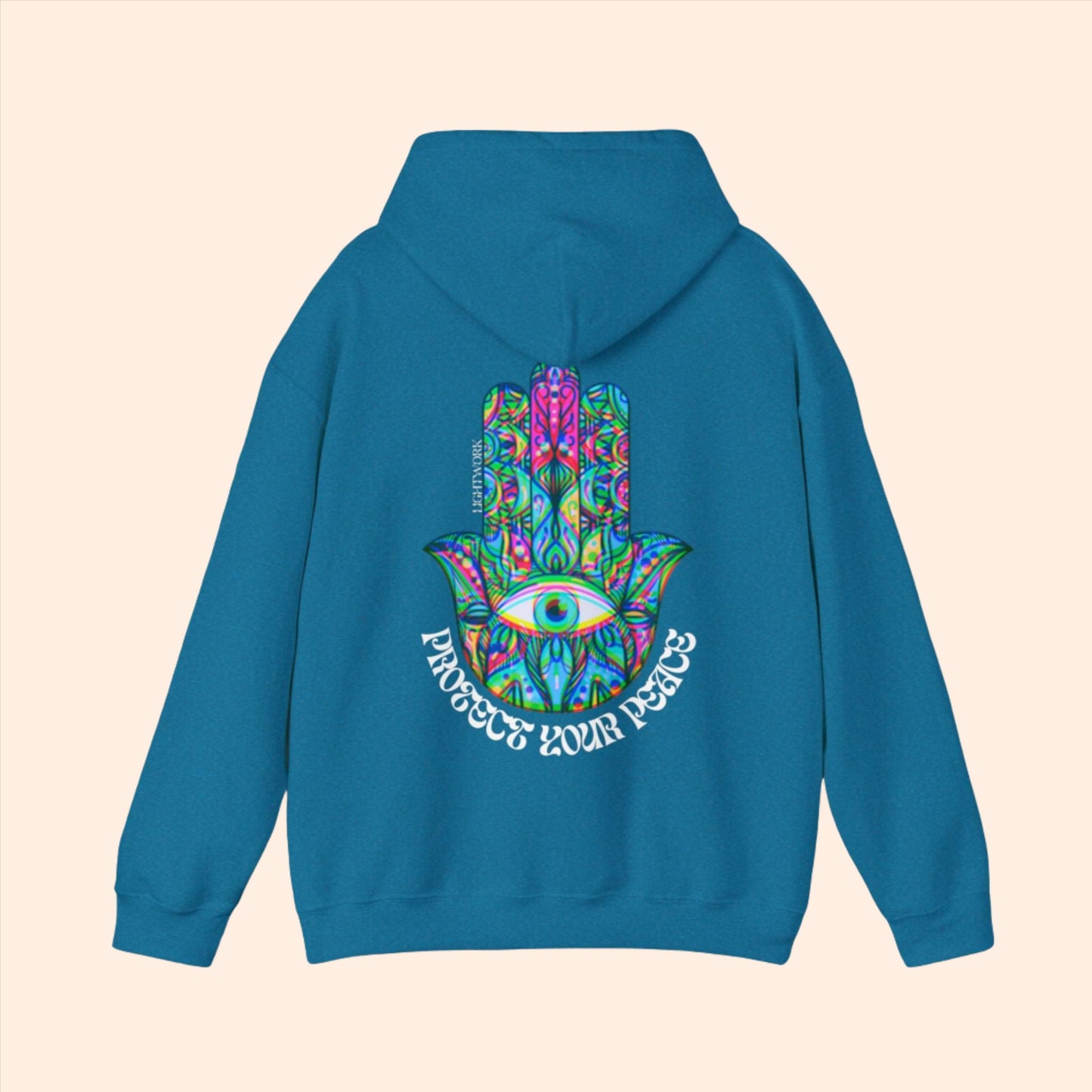 Blue spiritual hoodie. Psychedelic hamsa graphic with "protect your peace" text.