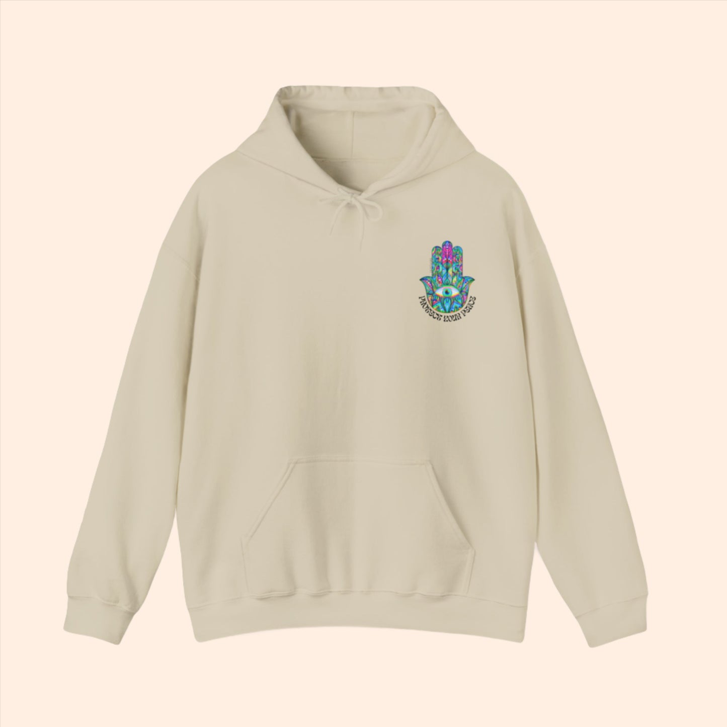 Beige spiritual hoodie. Psychedelic hamsa graphic with "protect your peace" text.