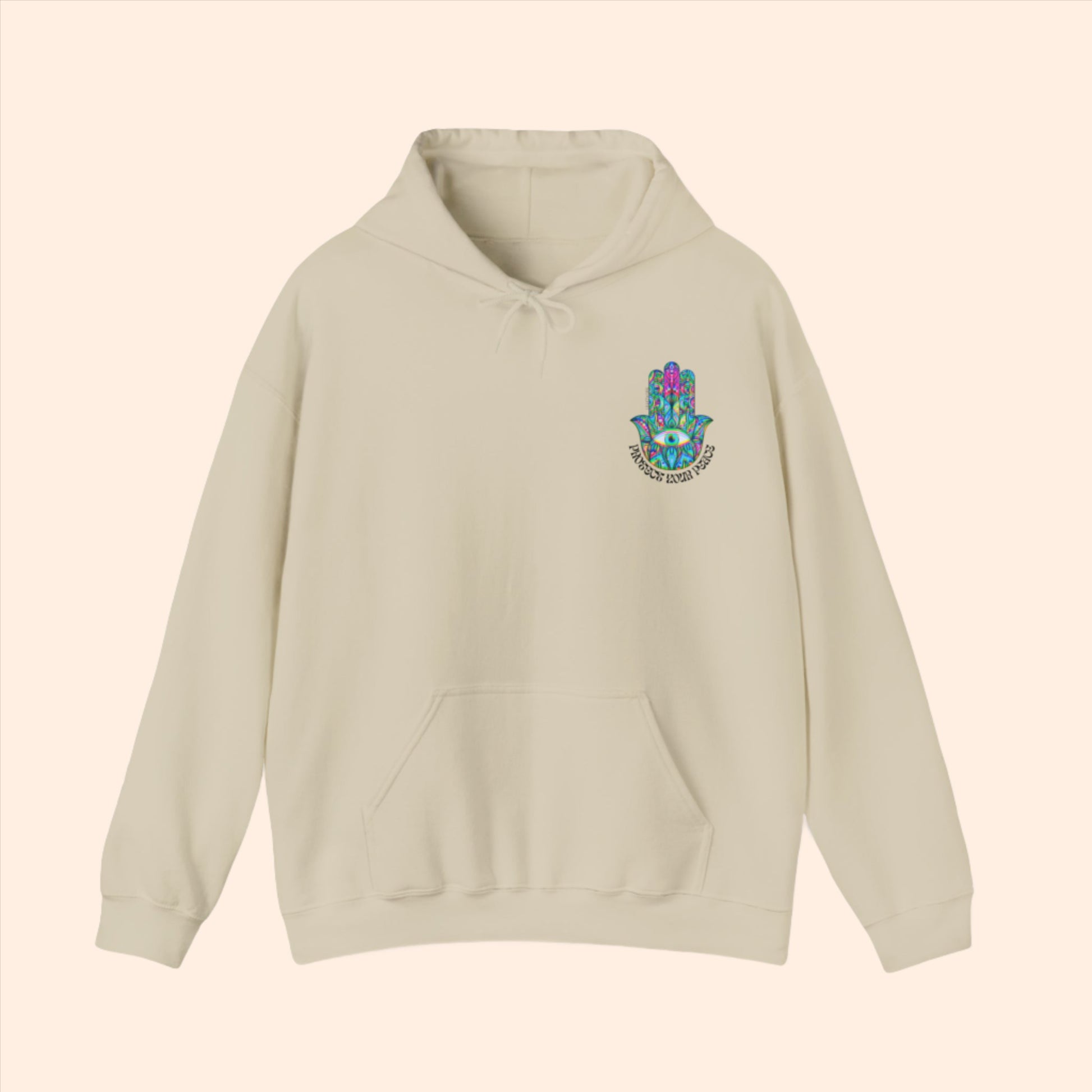 Beige  spiritual hoodie. Psychedelic hamsa graphic with "protect your peace" text.