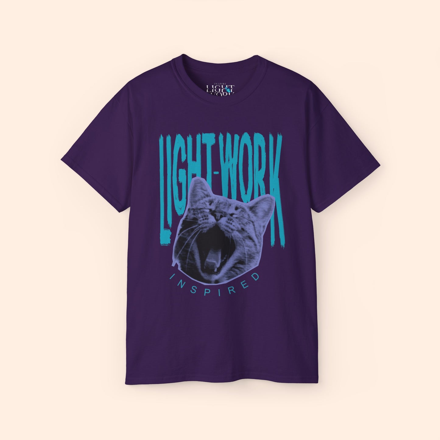 Purple t-shirt with light blue LIGHT-WORK behind a purple cat graphic.