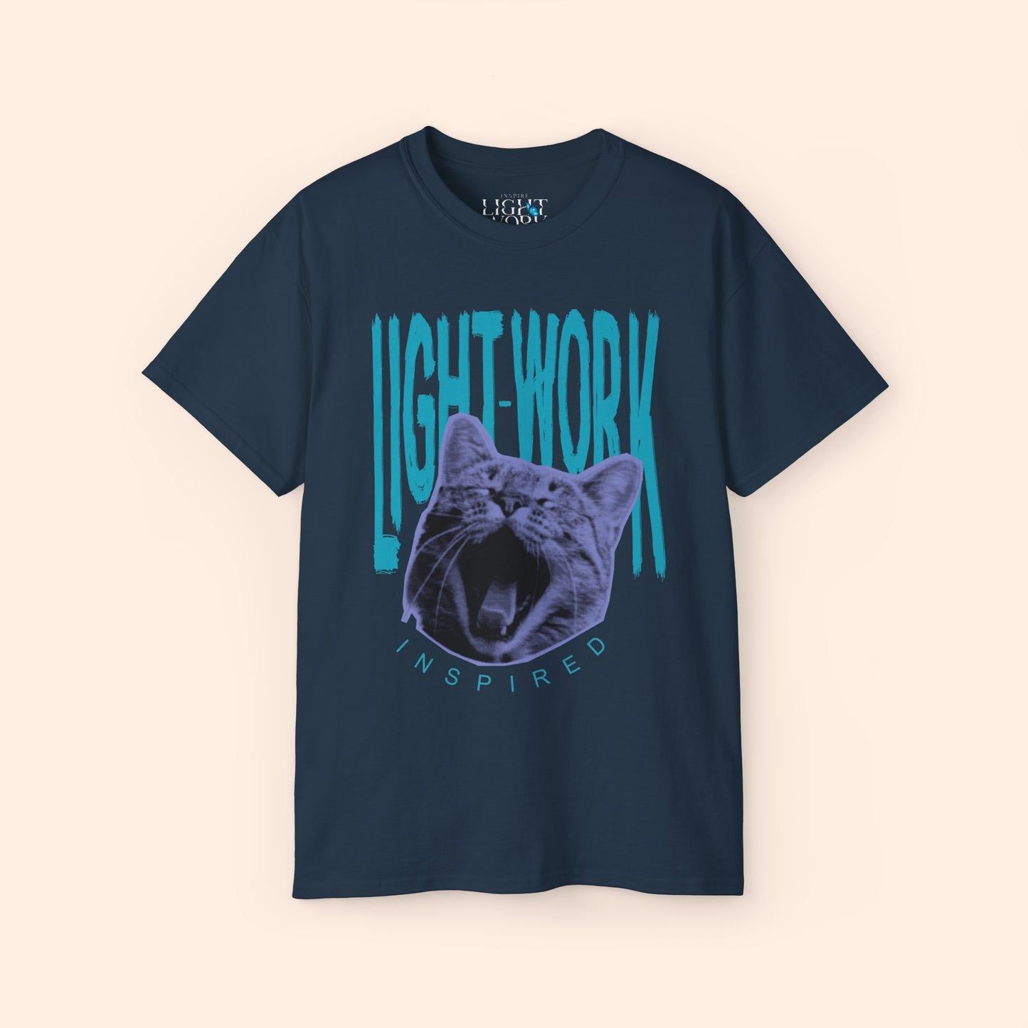 Dark blue t-shirt with light blue LIGHT-WORK behind a purple cat graphic.