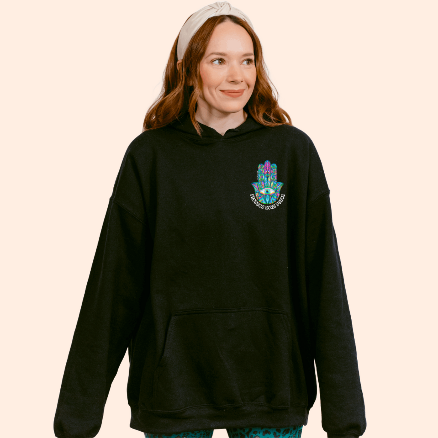 spiritual hoodie. Psychedelic hamsa graphic with "protect your peace" text.