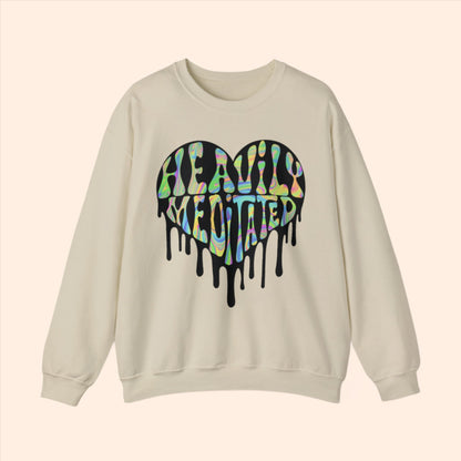 Tan Spiritual clothing: melting heart sweatshirt, "heavily meditated" graphic.