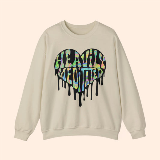 Tan Spiritual clothing: melting heart sweatshirt, "heavily meditated" graphic.