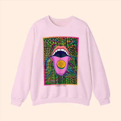 Pink Psychedelic sweatshirt, positive message clothing, "Words are powerful so choose them wisely" graphic.