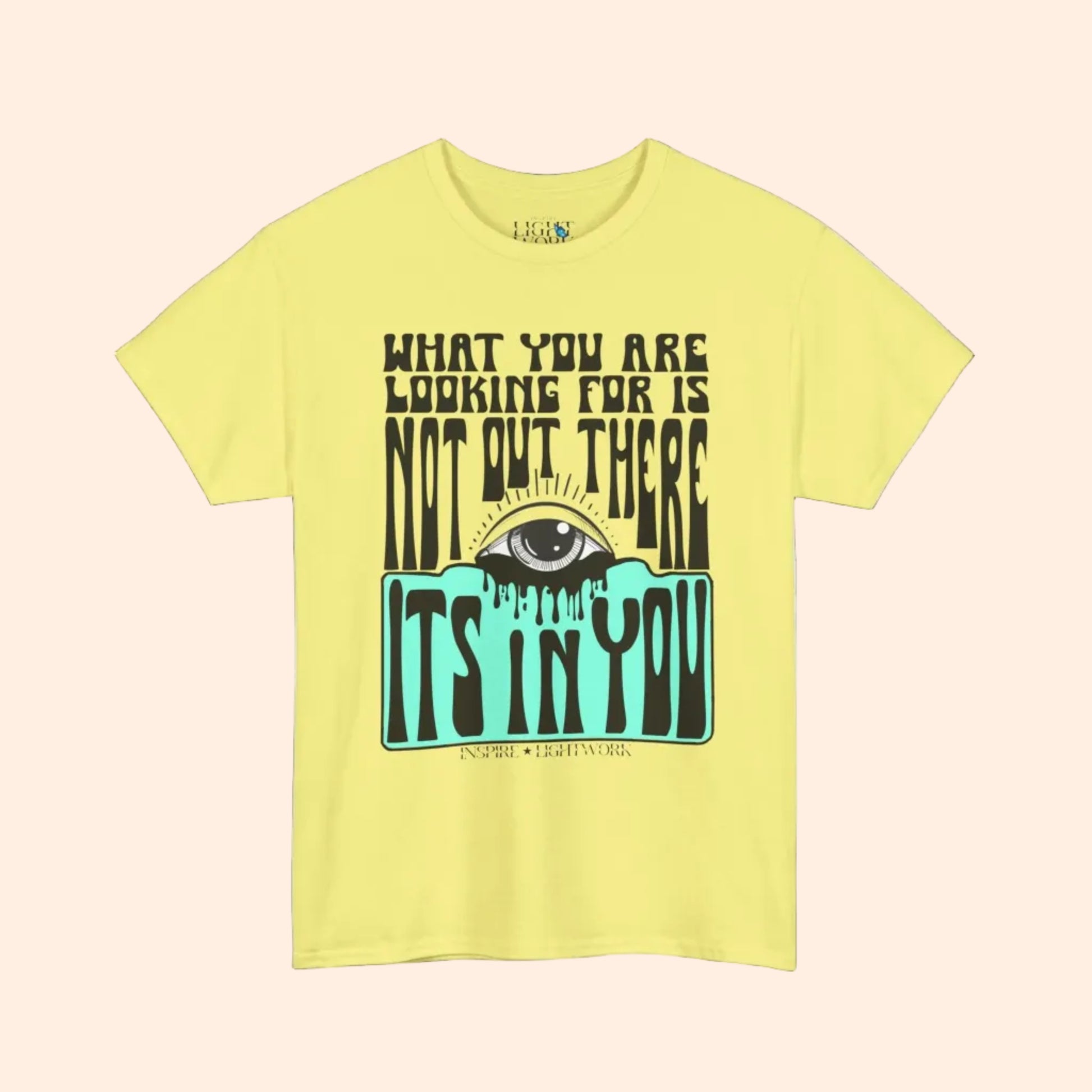 Yellow t-shirt with eye graphic and text on a white background