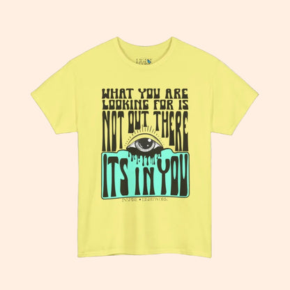 Yellow t-shirt with eye graphic and text on a white background