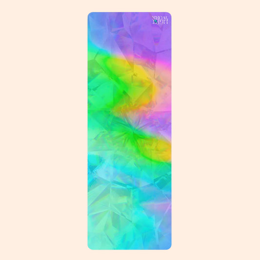 Colorful tie-dye yoga mat with a brand logo on a white background