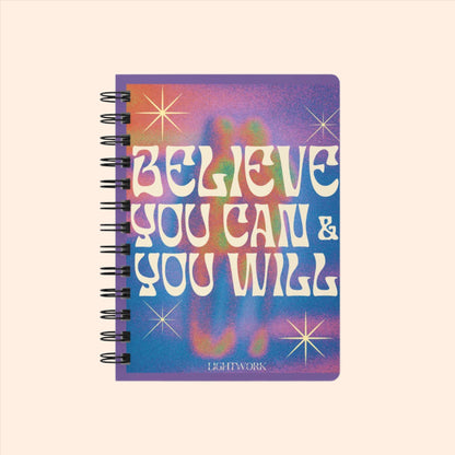 Believe Spiral Bound Journal Psychedelic "Words are powerful so choose them wisely" graphic.