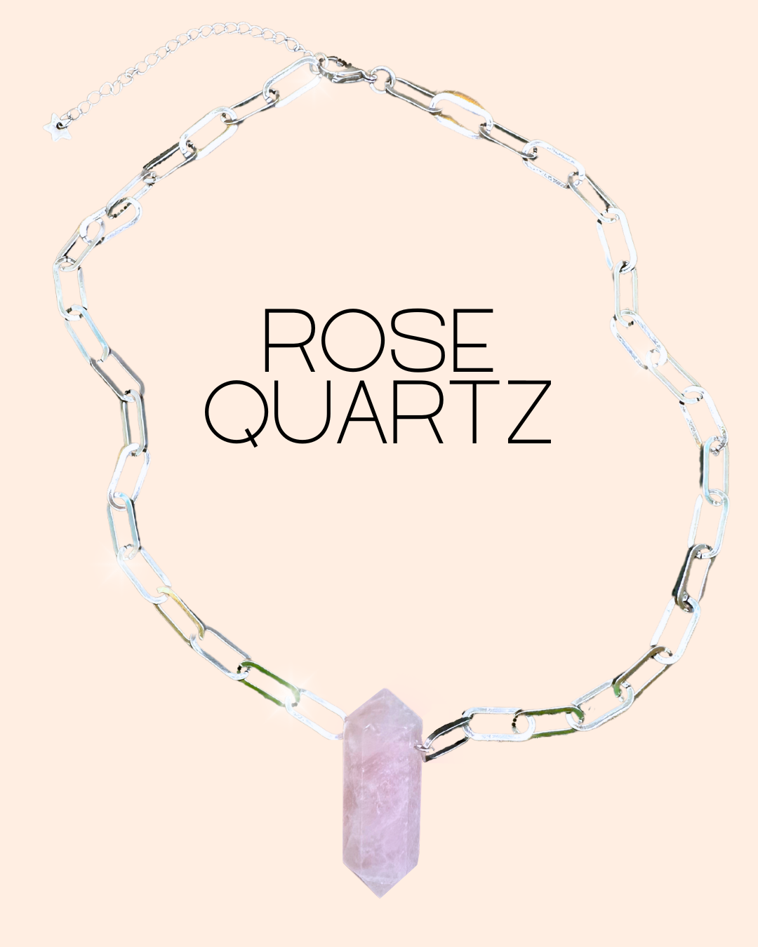 Stainless steel paperclip chain silver necklace rose quartz double terminated point crystal pendant