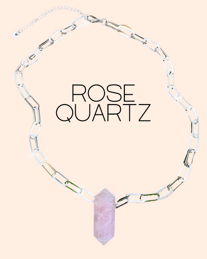 Stainless steel paperclip chain silver necklace rose quartz double terminated point crystal pendant