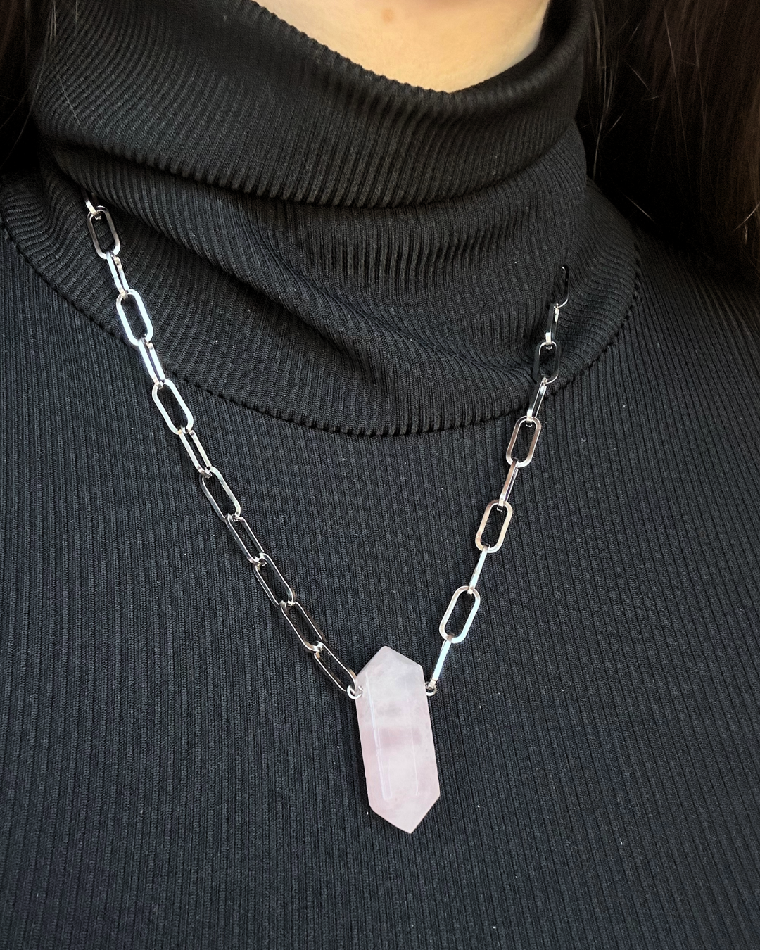 Stainless steel paperclip chain silver necklace rose quartz double terminated point crystal pendant