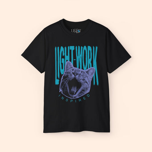 Black t-shirt with light blue LIGHT-WORK behind a purple cat graphic. 